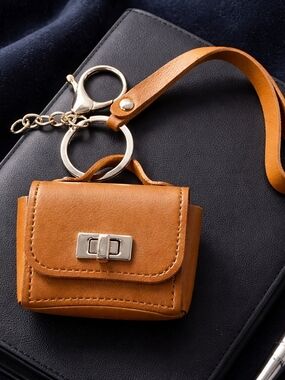 Brown Mini Bag Keychain with Gold Hardware,Coins Bag